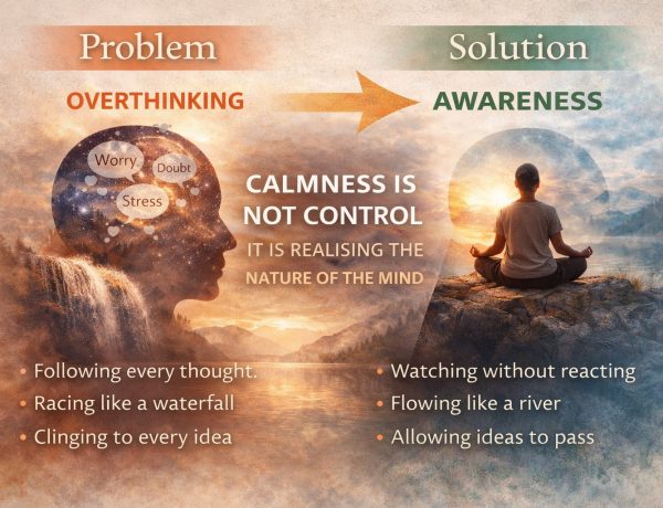 diagram explaining overthinking and awareness showing how thoughts continue when followed and calm comes from observing