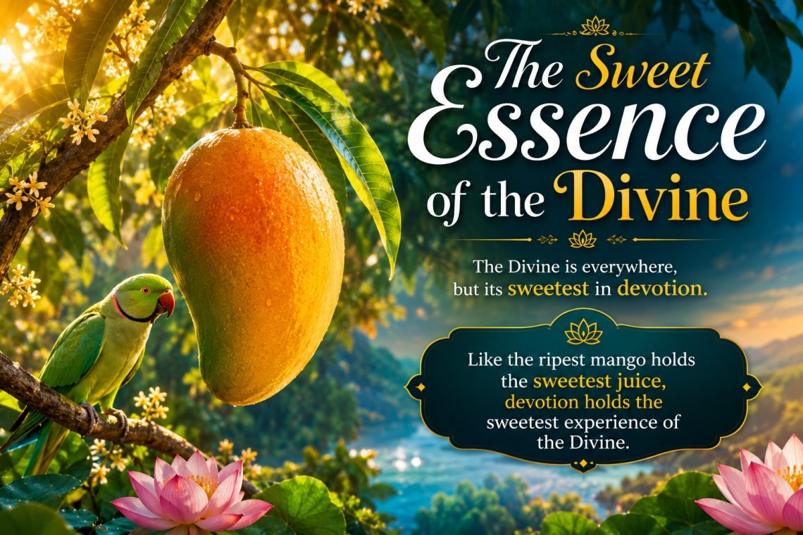 A glowing ripe mango on a tree symbolizing the sweetness of devotion and the Divine essence present in nature and spiritual connection
