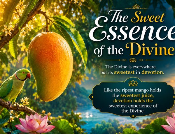 A glowing ripe mango on a tree symbolizing the sweetness of devotion and the Divine essence present in nature and spiritual connection