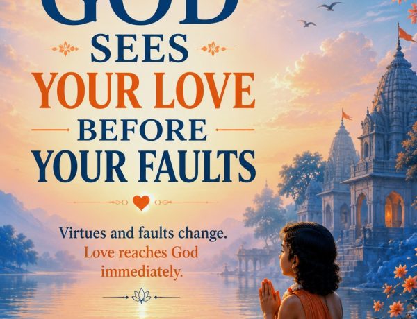 Image of Prahlad praying with the message that God sees love before faults and responds to sincere devotion.