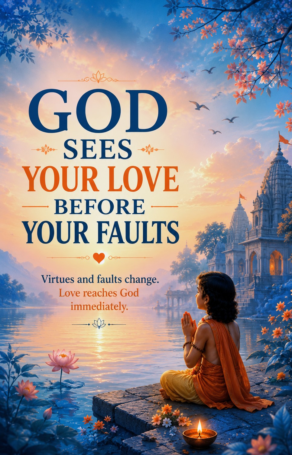 Image of Prahlad praying with the message that God sees love before faults and responds to sincere devotion.
