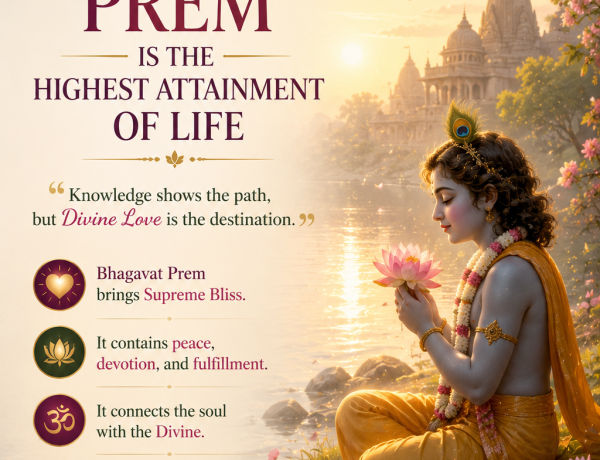 Bhagavat Prem, divine love for God, with lotus flowers, sacred light, and a peaceful devotional atmosphere representing supreme bliss and Bhakti.