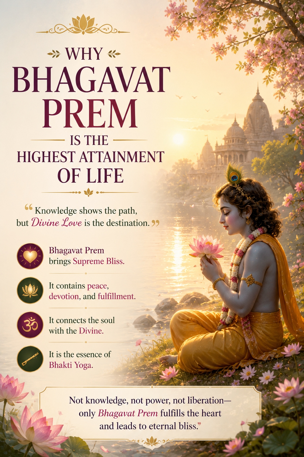 Bhagavat Prem, divine love for God, with lotus flowers, sacred light, and a peaceful devotional atmosphere representing supreme bliss and Bhakti.