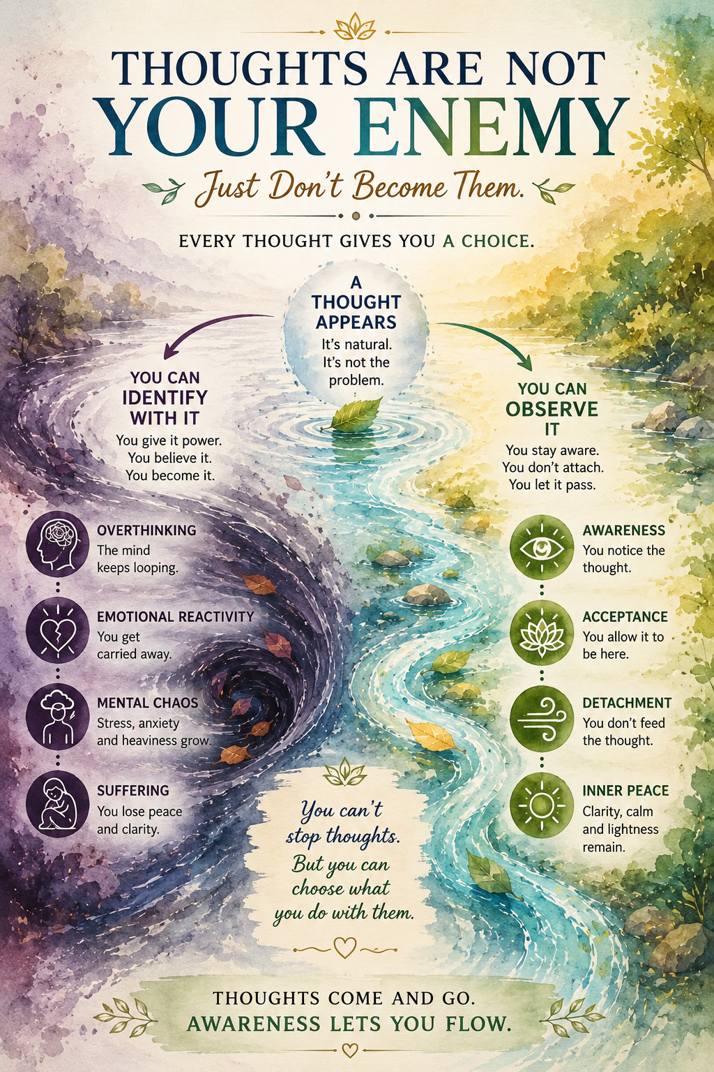 thoughts can lead either to suffering through identification or to peace through awareness and observation