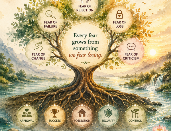 Image explaining connection between fear, attachment, awareness, and inner freedom in a peaceful nature landscape