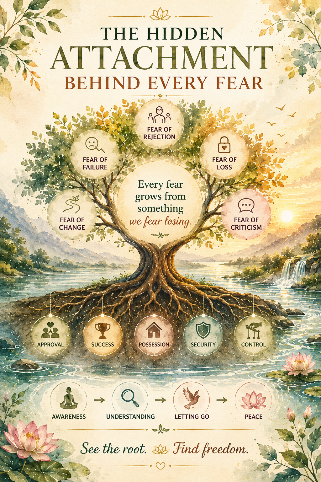 Image explaining connection between fear, attachment, awareness, and inner freedom in a peaceful nature landscape