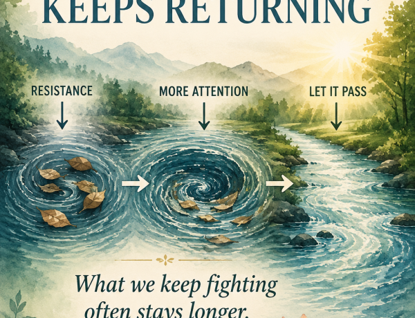 resistance versus thought pass, with a river, whirlpool, and lotus symbolizing awareness and inner peace