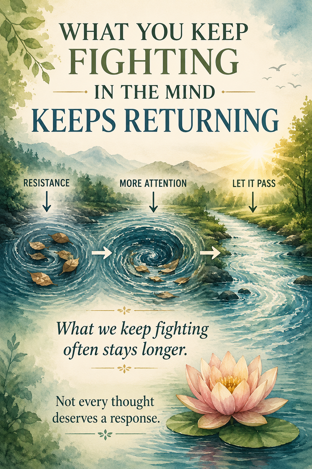 resistance versus thought pass, with a river, whirlpool, and lotus symbolizing awareness and inner peace