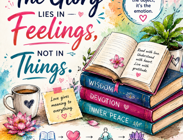 Image of devotional books, a lotus, and spiritual symbols representing that true value lies in feelings rather than material things