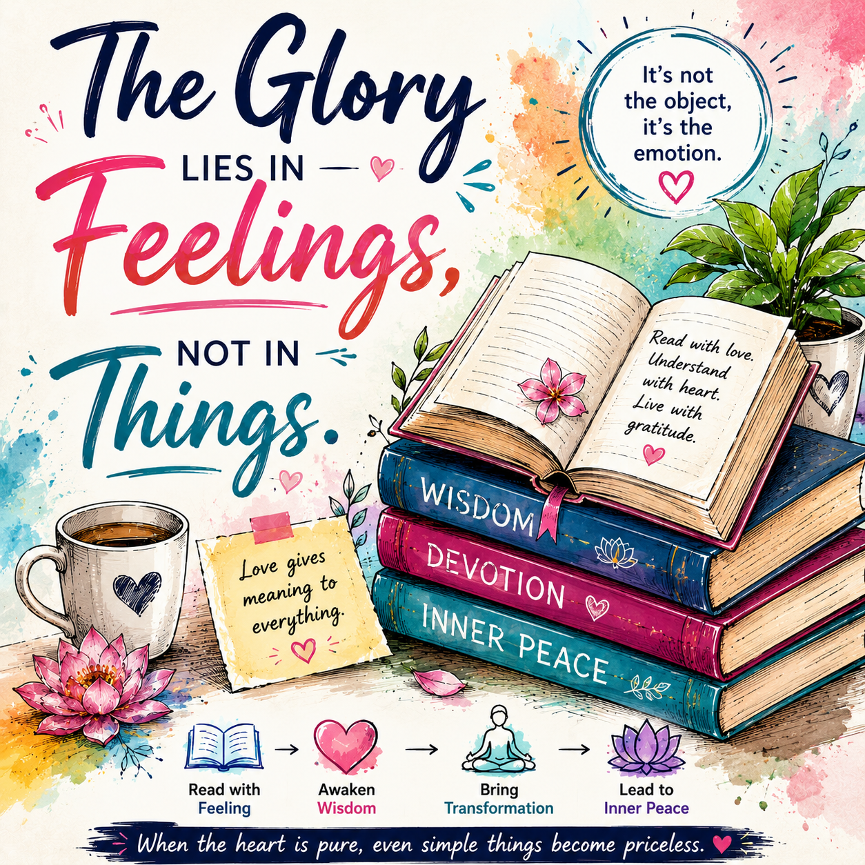 Image of devotional books, a lotus, and spiritual symbols representing that true value lies in feelings rather than material things