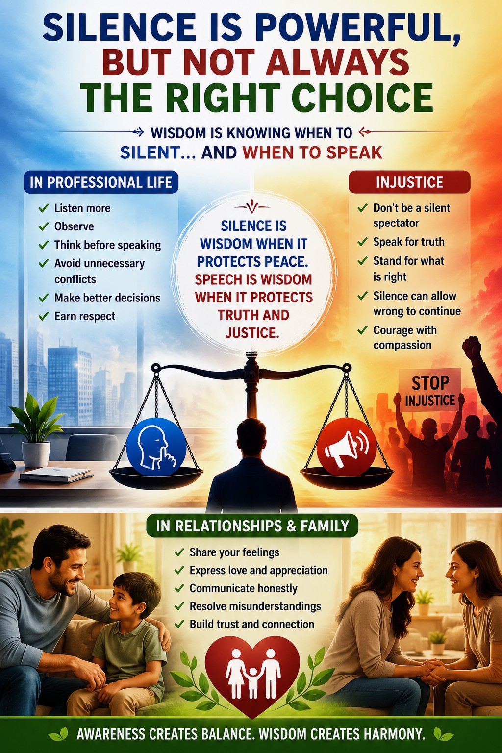 balance between silence, communication, relationships, professional success, truth, and justice through thoughtful visual metaphors.