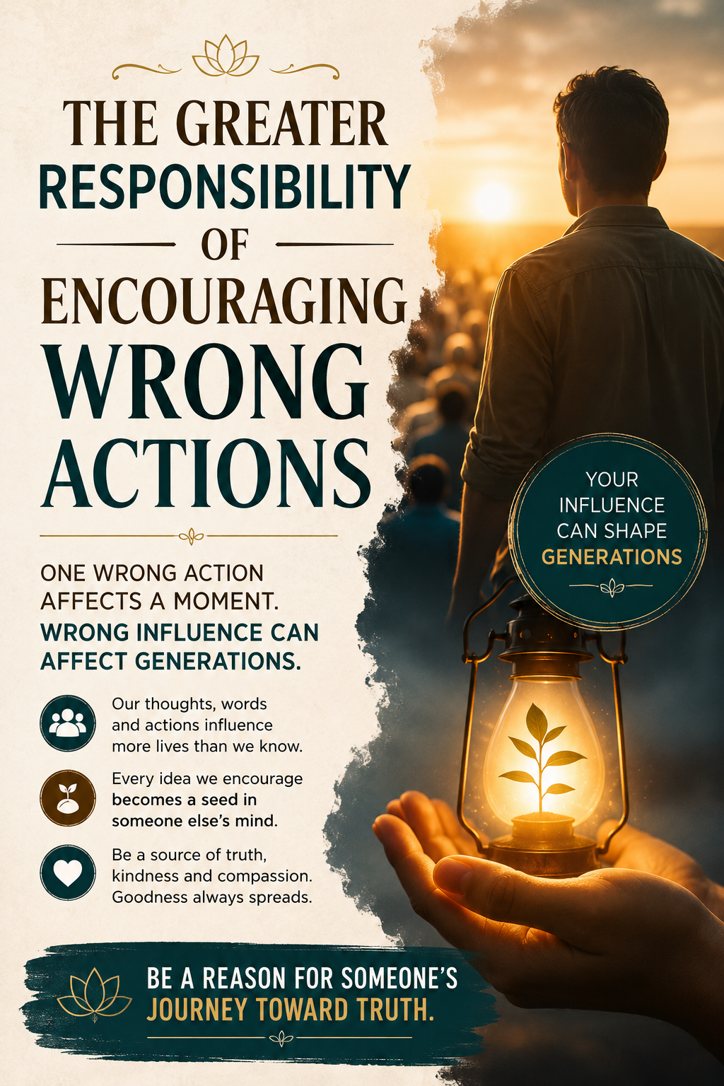 The Hidden Responsibility of Promoting Wrong Actions 1 Image showing one person's influence spreading through society, symbolizing the responsibility of encouraging truth instead of wrong actions.
