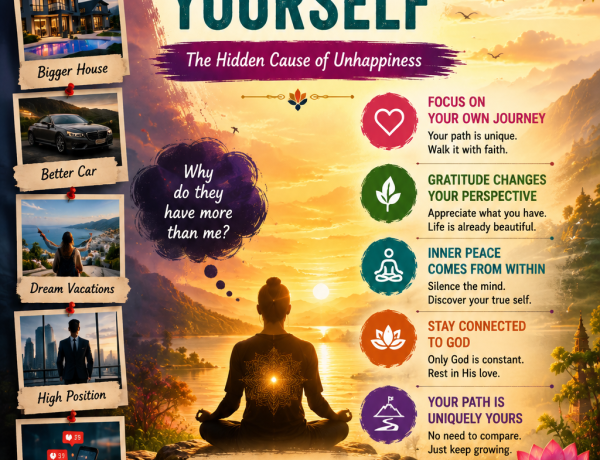 peaceful sunrise over a lotus lake with the message "Stop Comparing Yourself: The Hidden Cause of Unhappiness," symbolizing inner peace, gratitude, and self-awareness.