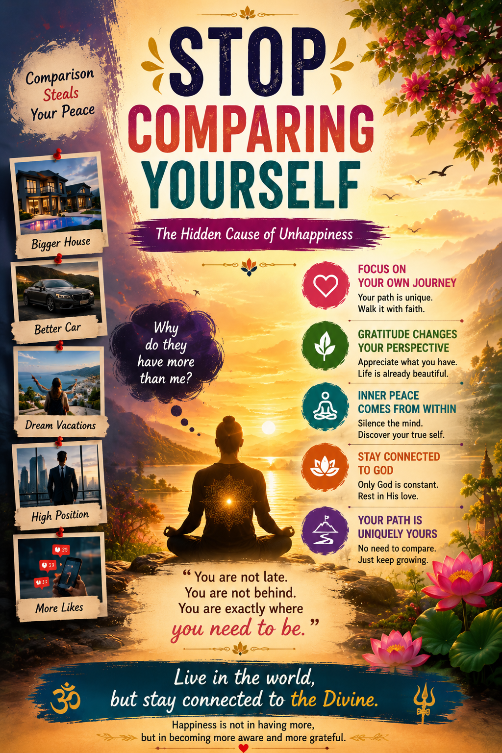 peaceful sunrise over a lotus lake with the message "Stop Comparing Yourself: The Hidden Cause of Unhappiness," symbolizing inner peace, gratitude, and self-awareness.
